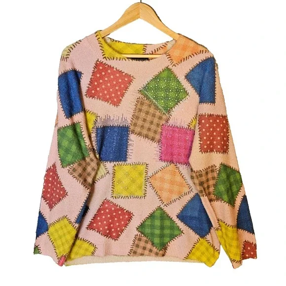 Talk of the Walk Womens L Patchwork Colorblock Knit Sweater Boho Artisan Sparkle - Picture 1 of 13